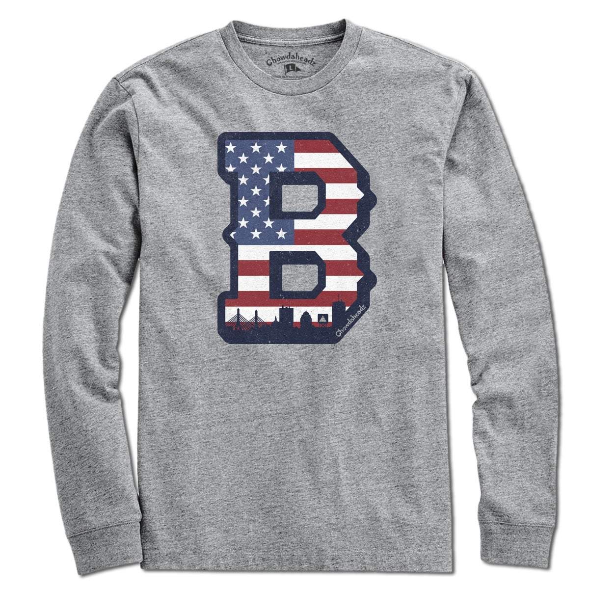 Close-up of Big Block B Boston USA shirt design — block B and flag detail