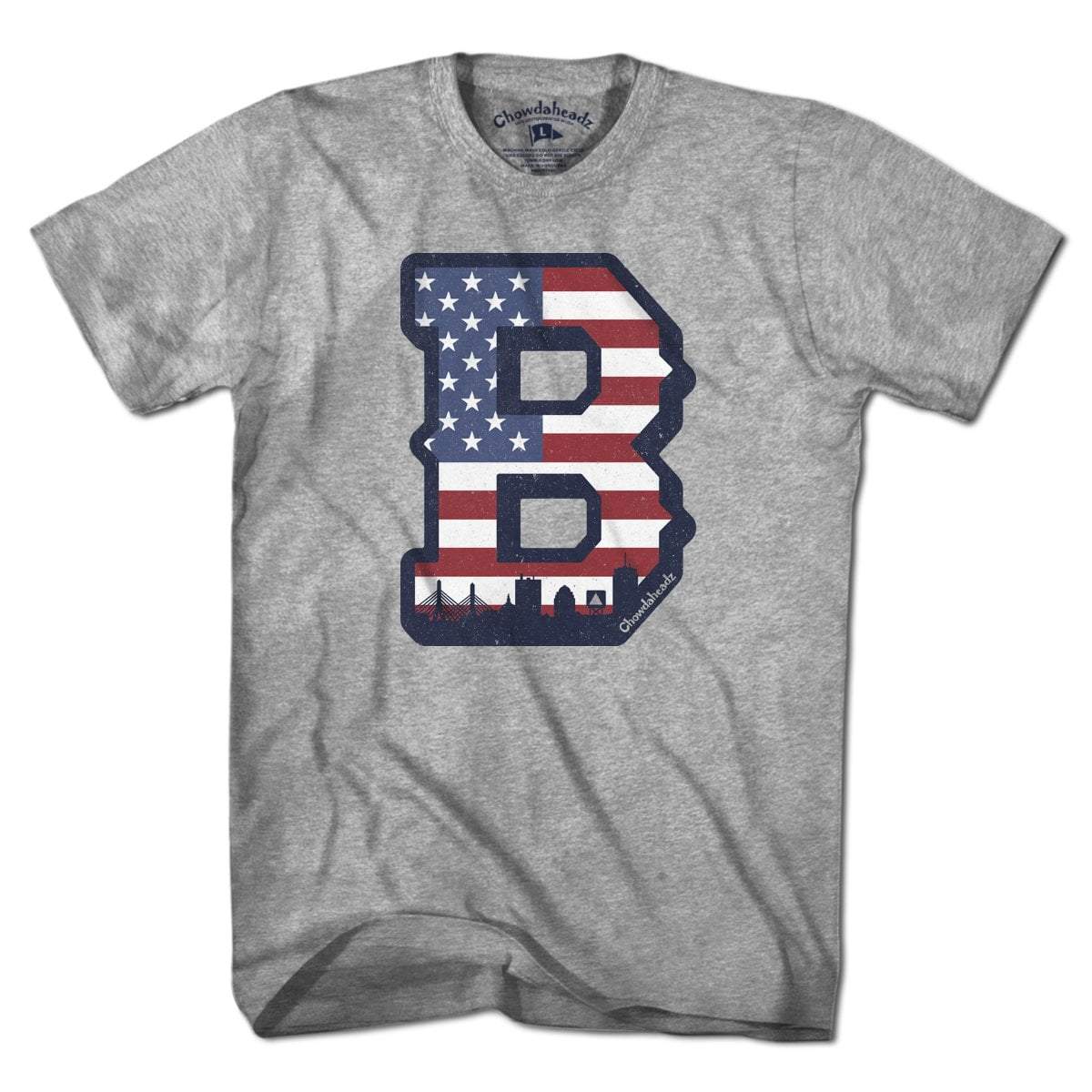 Big Block B Boston USA t-shirt with block B and stars-and-stripes graphic — Boston patriotic tee