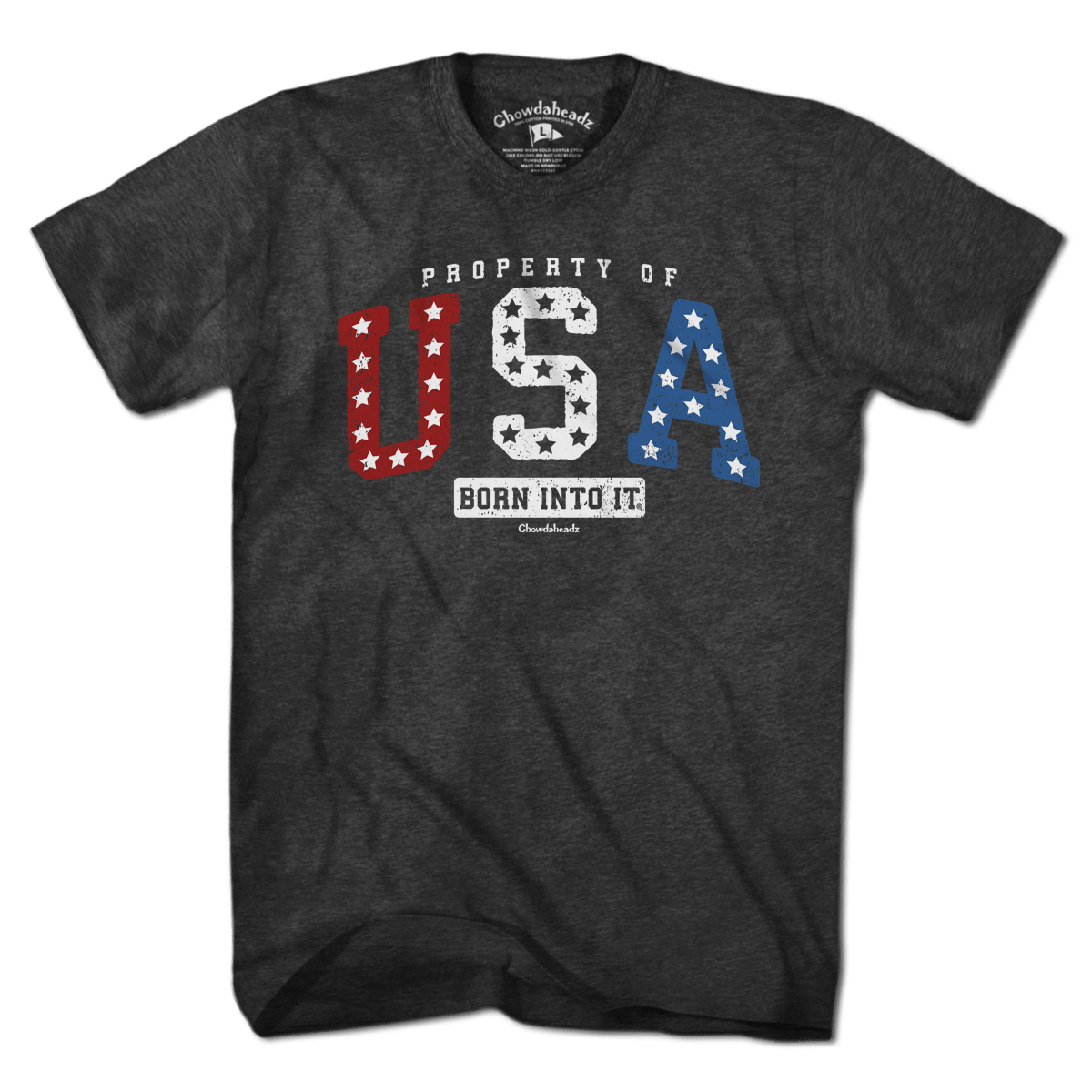 Property of USA t-shirt with varsity lettering and stars-and-stripes accent — patriotic varsity tee