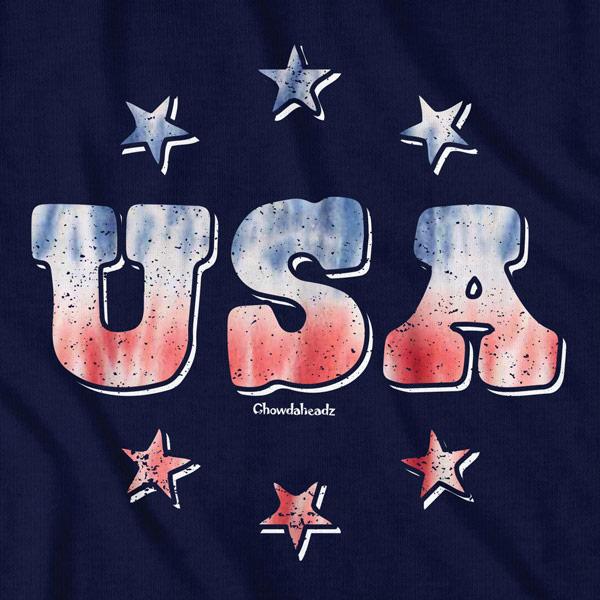 Close-up of USA Stardom Tie Dye shirt design — tie-dye and stars detail