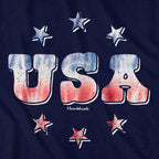 Close-up of USA Stardom Tie Dye shirt design — tie-dye and stars detail