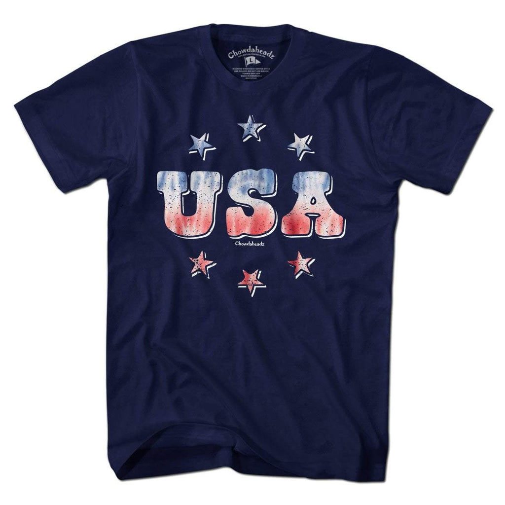 USA Stardom Tie Dye t-shirt with patriotic tie-dye stars-and-stripes treatment — patriotic tie dye tee