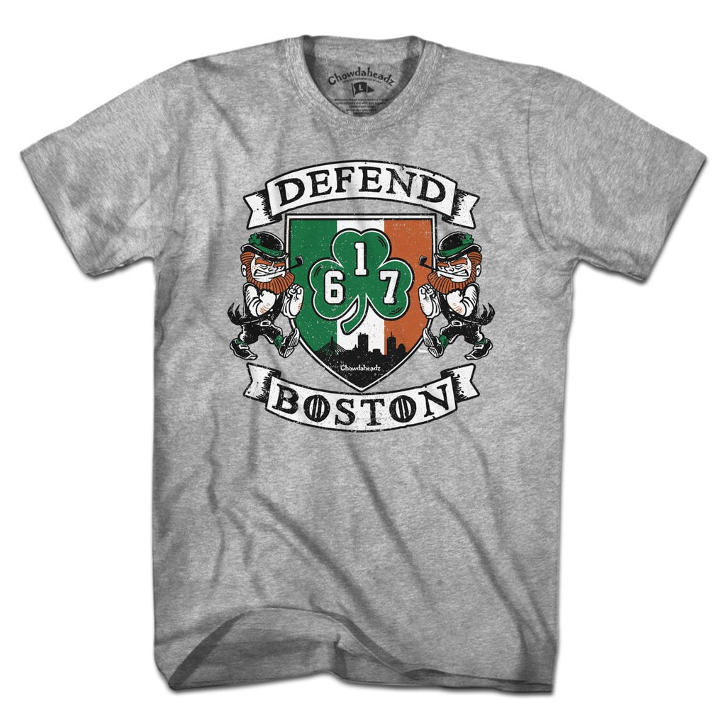 Defend Boston Shamrock Shield T-Shirt — men's tee flat lay in Gray