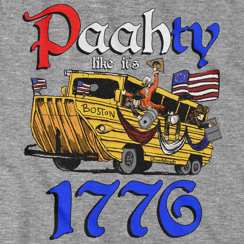 Close-up of Paahty Like It’s 1776 shirt design — Boston-accent lettering detail