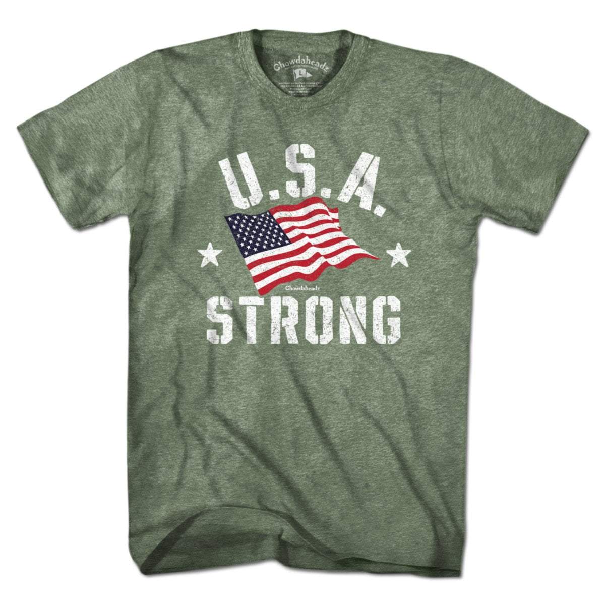 USA Strong t-shirt in military green — bold patriotic American chest graphic