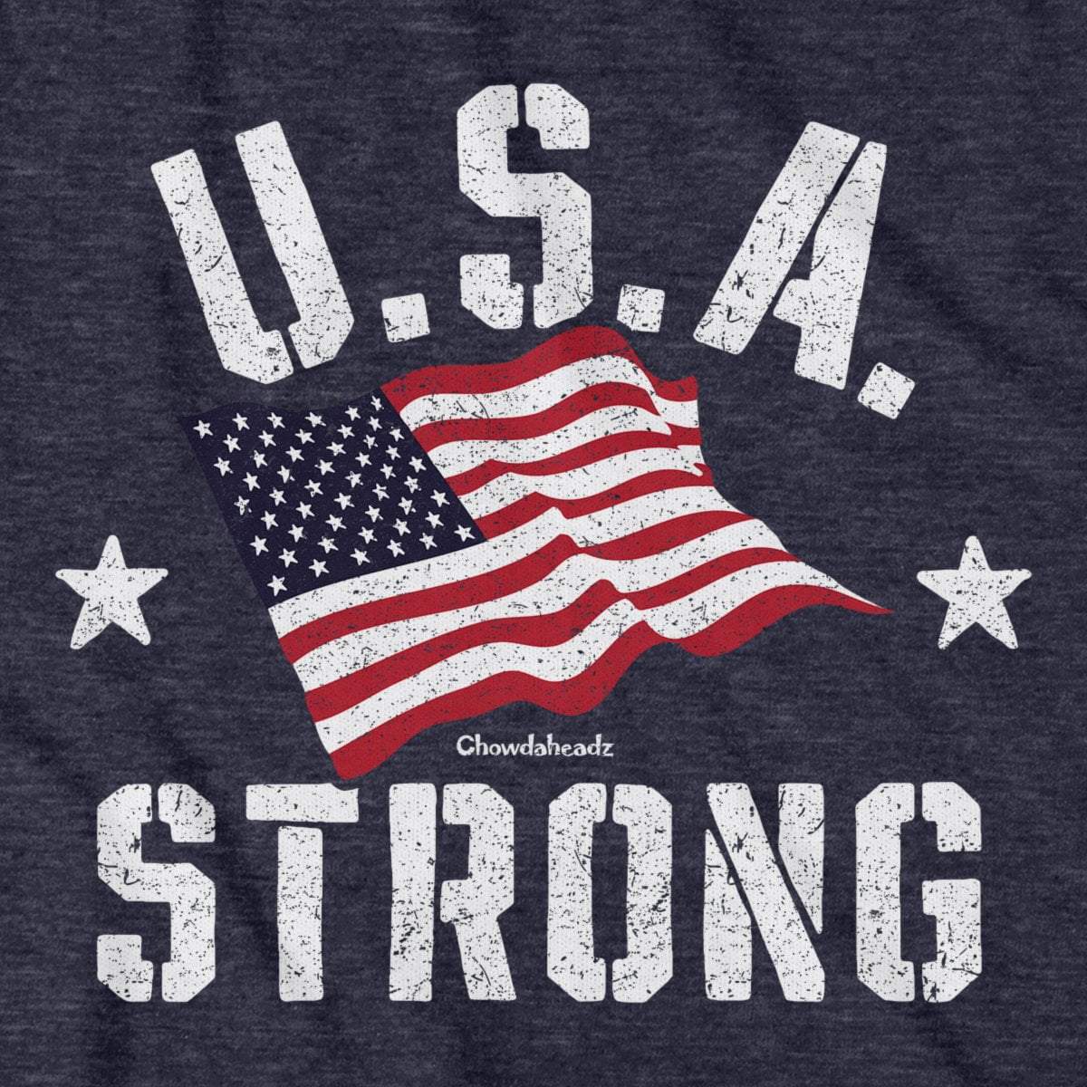 Close-up of heather blue USA Strong shirt design — bold lettering and flag illustration