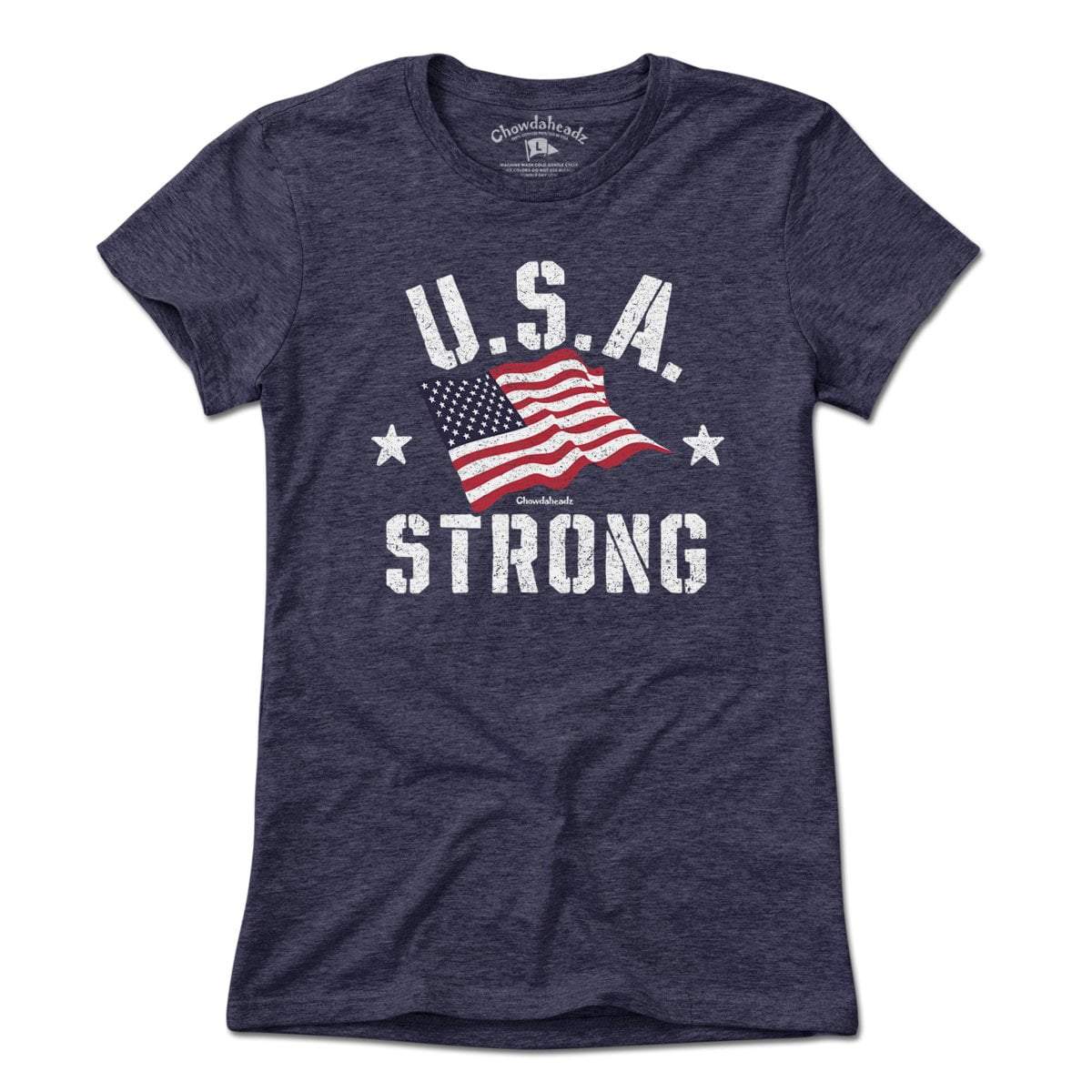 USA Strong ladies tee in heather blue — women's cut patriotic American graphic