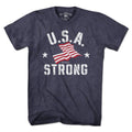 USA Strong t-shirt in heather blue — bold lettering with retro stars-and-stripes graphic