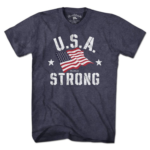 USA Strong t-shirt in heather blue — bold lettering with retro stars-and-stripes graphic