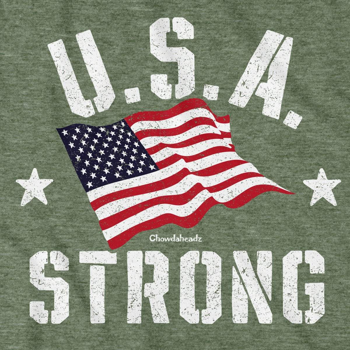 Close-up of USA Strong shirt graphic — patriotic American flag detail