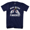 Who Needs Fingers t-shirt with bold pun lettering and retro fireworks graphic — funny patriotic tee