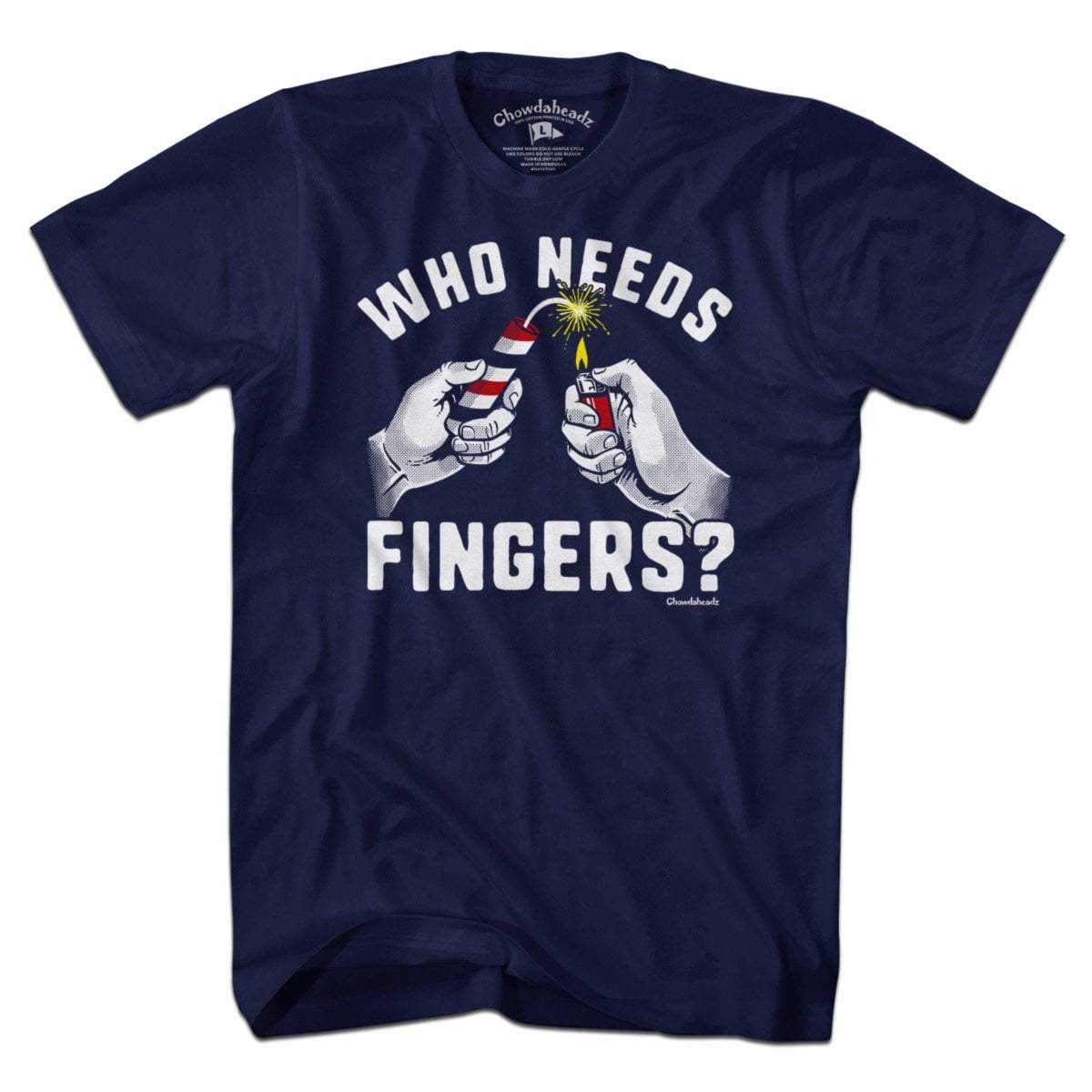 Who Needs Fingers t-shirt with bold pun lettering and retro fireworks graphic — funny patriotic tee