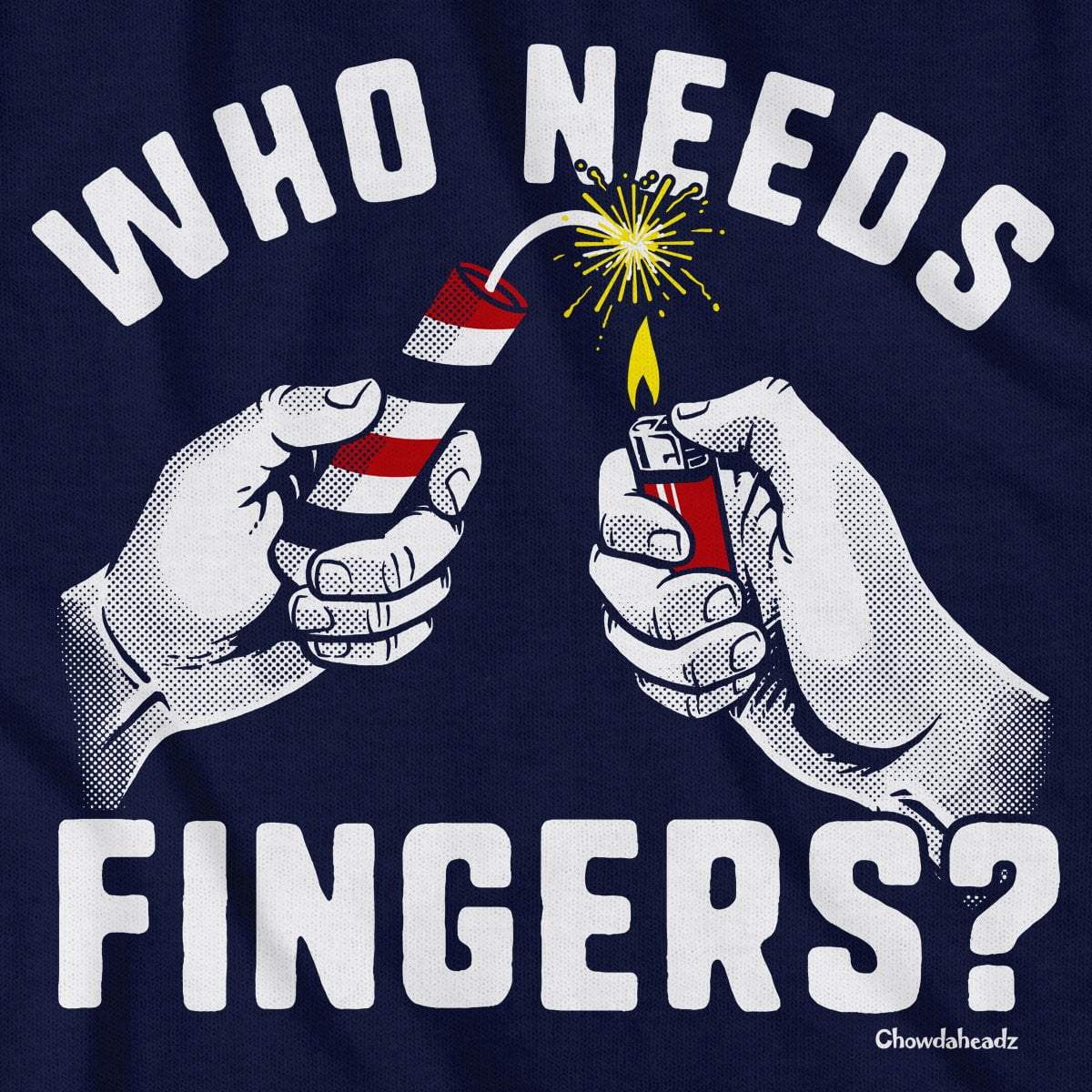 Close-up of Who Needs Fingers shirt design — fireworks illustration and pun lettering