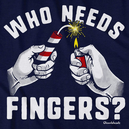 Close-up of Who Needs Fingers shirt design — fireworks illustration and pun lettering