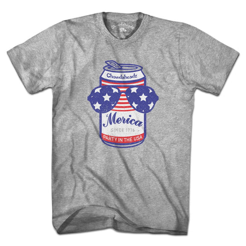 Patriotic Beer Can USA t-shirt with red-white-blue beer can graphic — funny patriotic beer tee