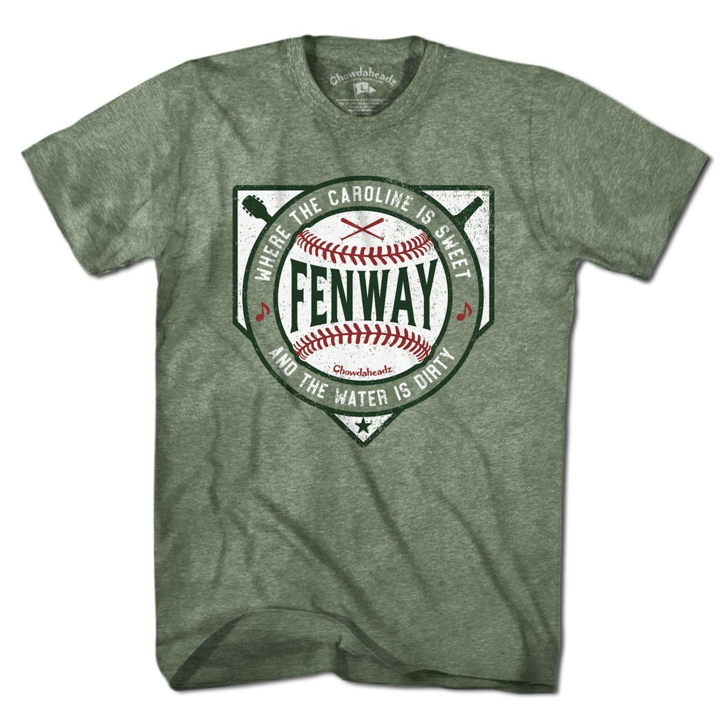 Sweet Caroline Dirty Water Fenway T-Shirt — men's tee flat lay in Military Green