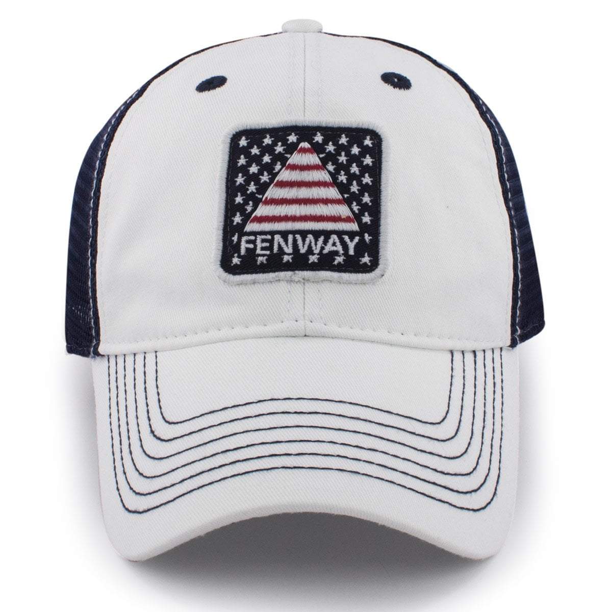 Side view of Fenway USA Patch white wash trucker — mesh back panels and patch