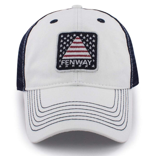 Side view of Fenway USA Patch white wash trucker — mesh back panels and patch