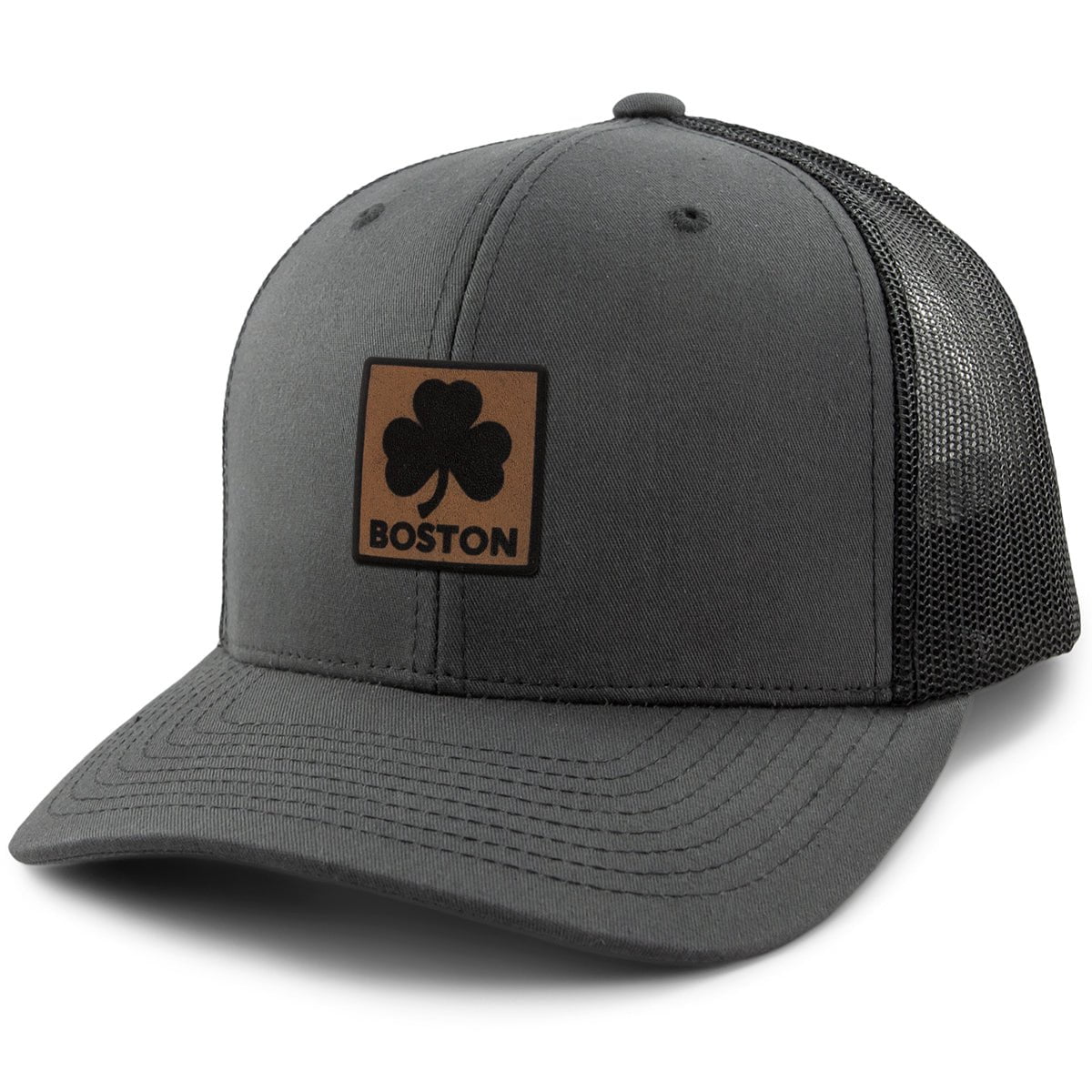 Boston Shamrock Leather Patch Classic Snapback Trucker - Chowdaheadz