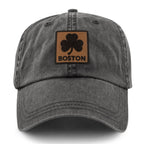 Boston Shamrock Leather Patch Washed Dad Hat - Chowdaheadz