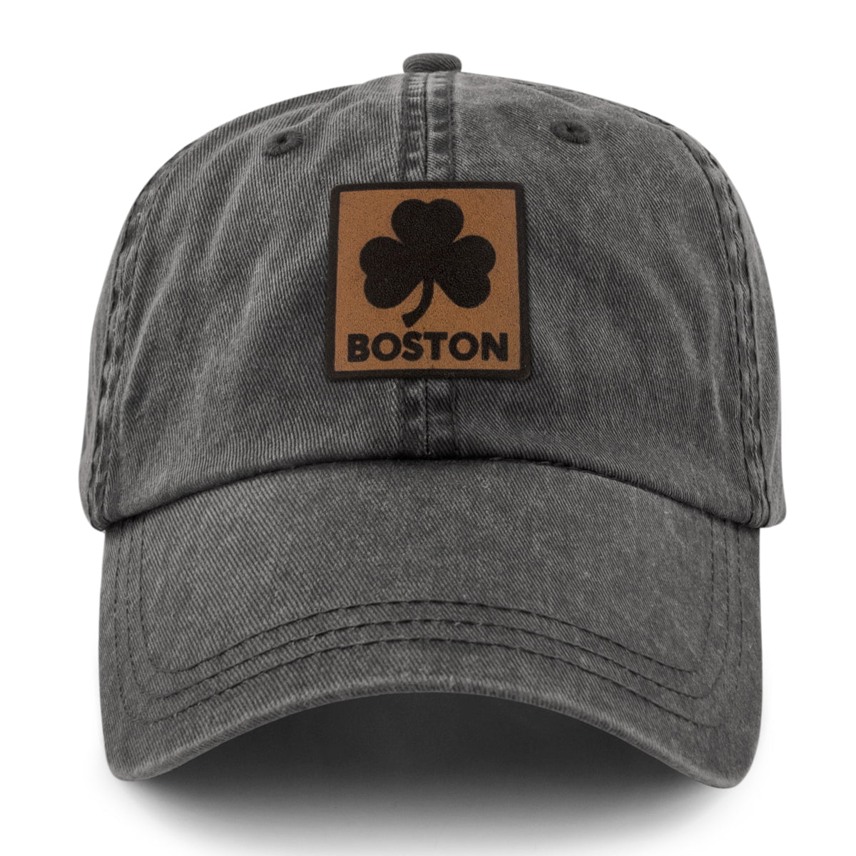 Boston Shamrock Leather Patch Washed Dad Hat - Chowdaheadz