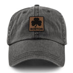 Boston Shamrock Leather Patch Washed Dad Hat - Chowdaheadz