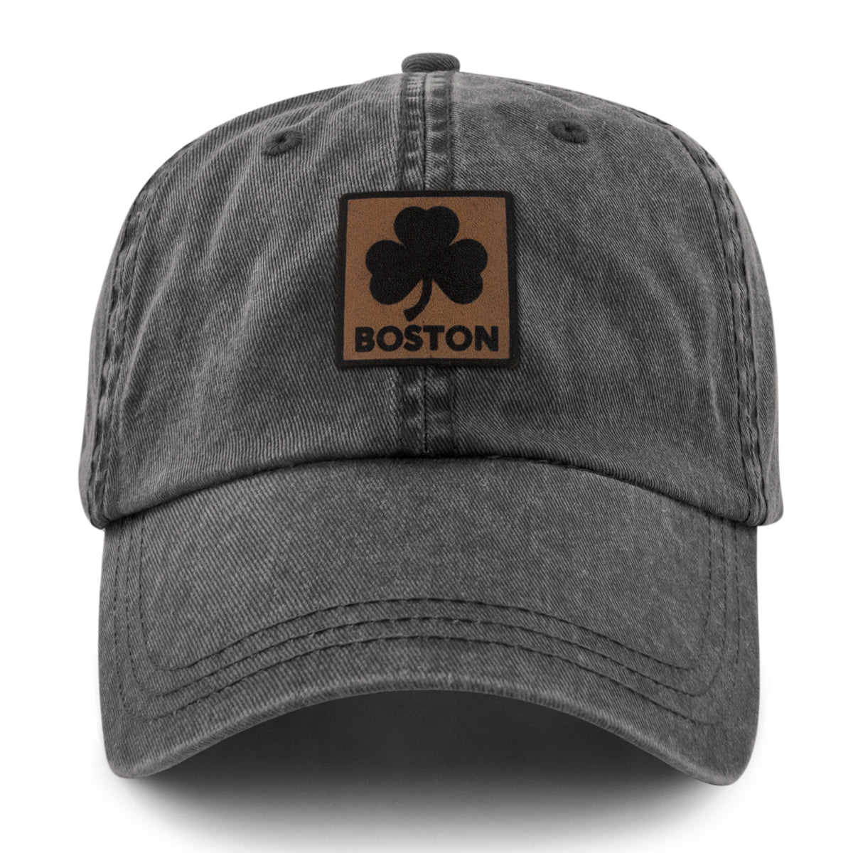 Boston Shamrock Leather Patch Washed Dad Hat - Chowdaheadz