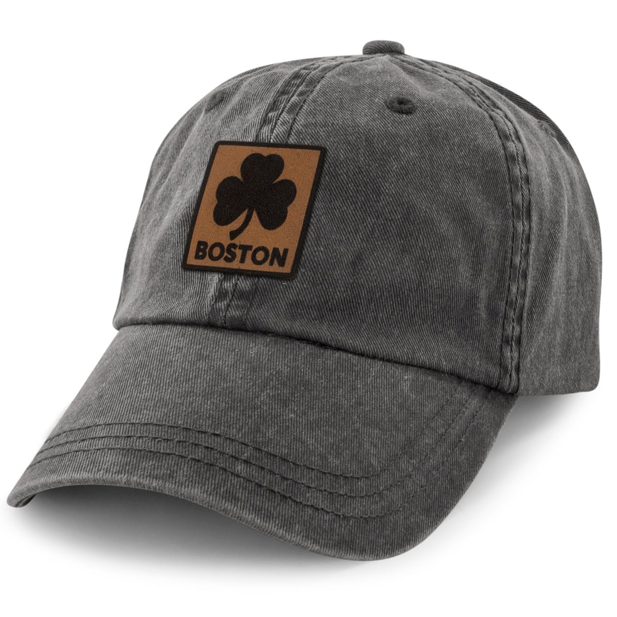 Boston Shamrock Leather Patch Washed Dad Hat - Chowdaheadz