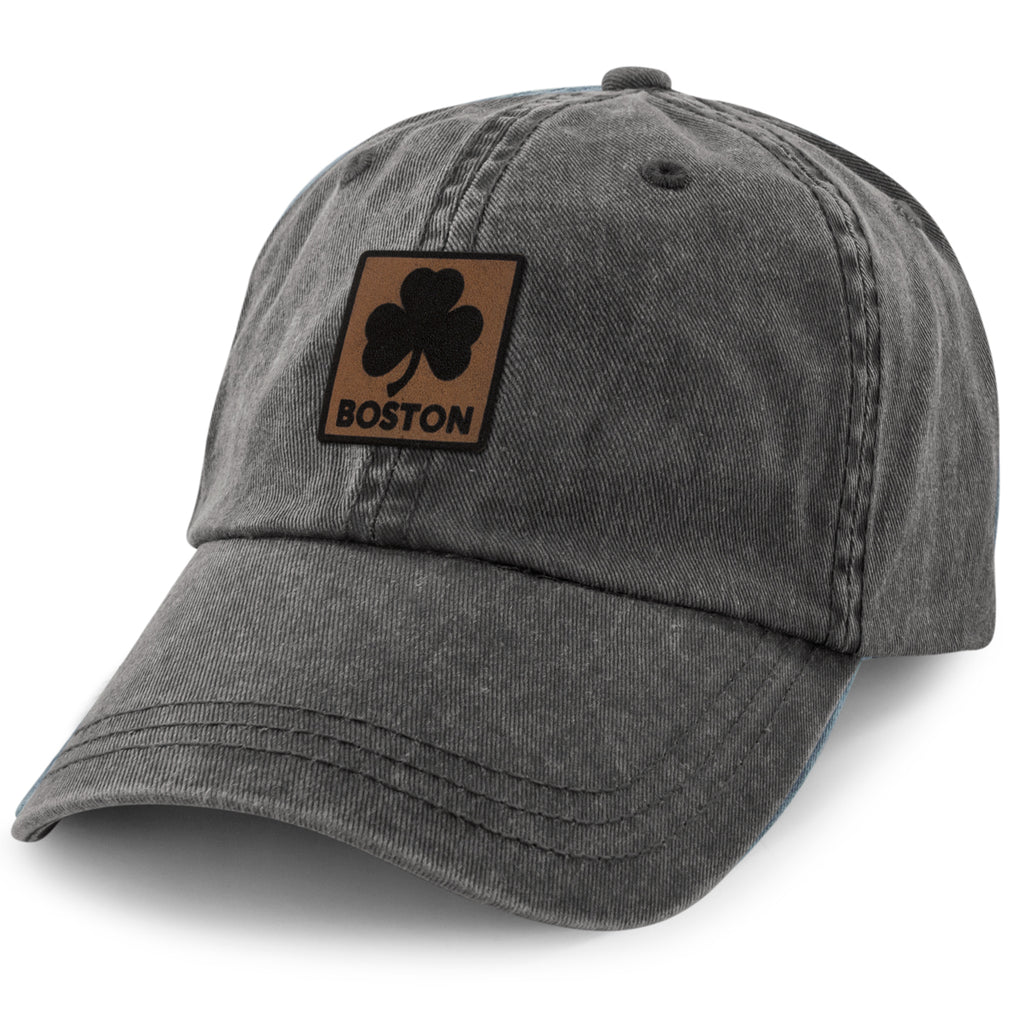 Boston Shamrock Leather Patch Washed Dad Hat - Chowdaheadz