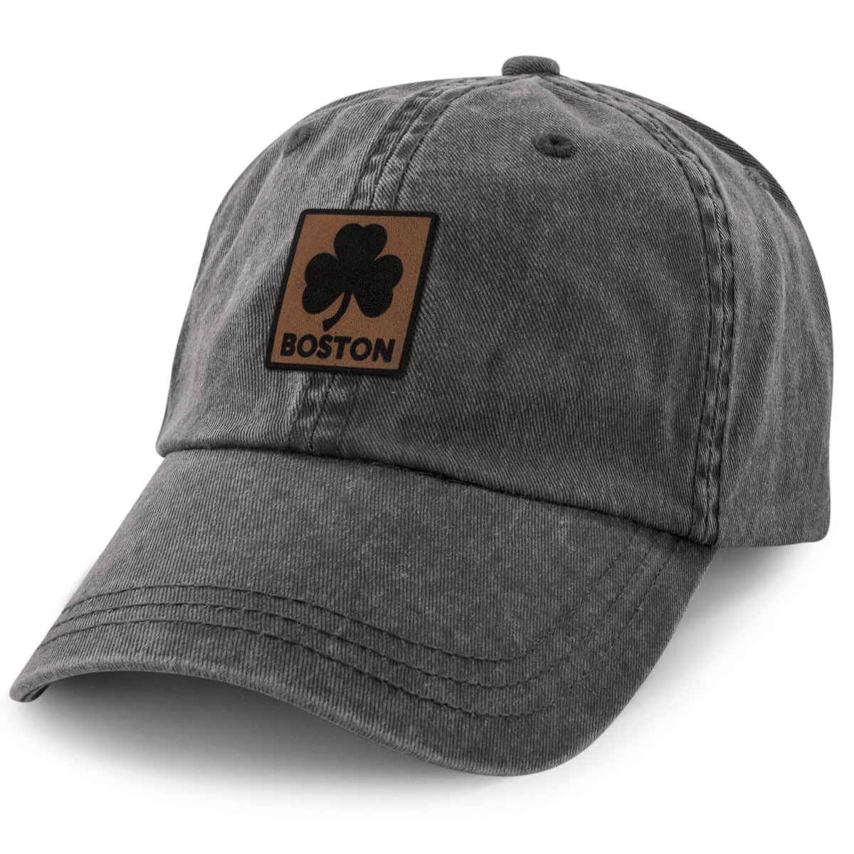 Boston Shamrock Leather Patch Washed Dad Hat - Chowdaheadz