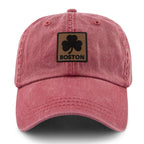 Boston Shamrock Leather Patch Washed Dad Hat - Chowdaheadz