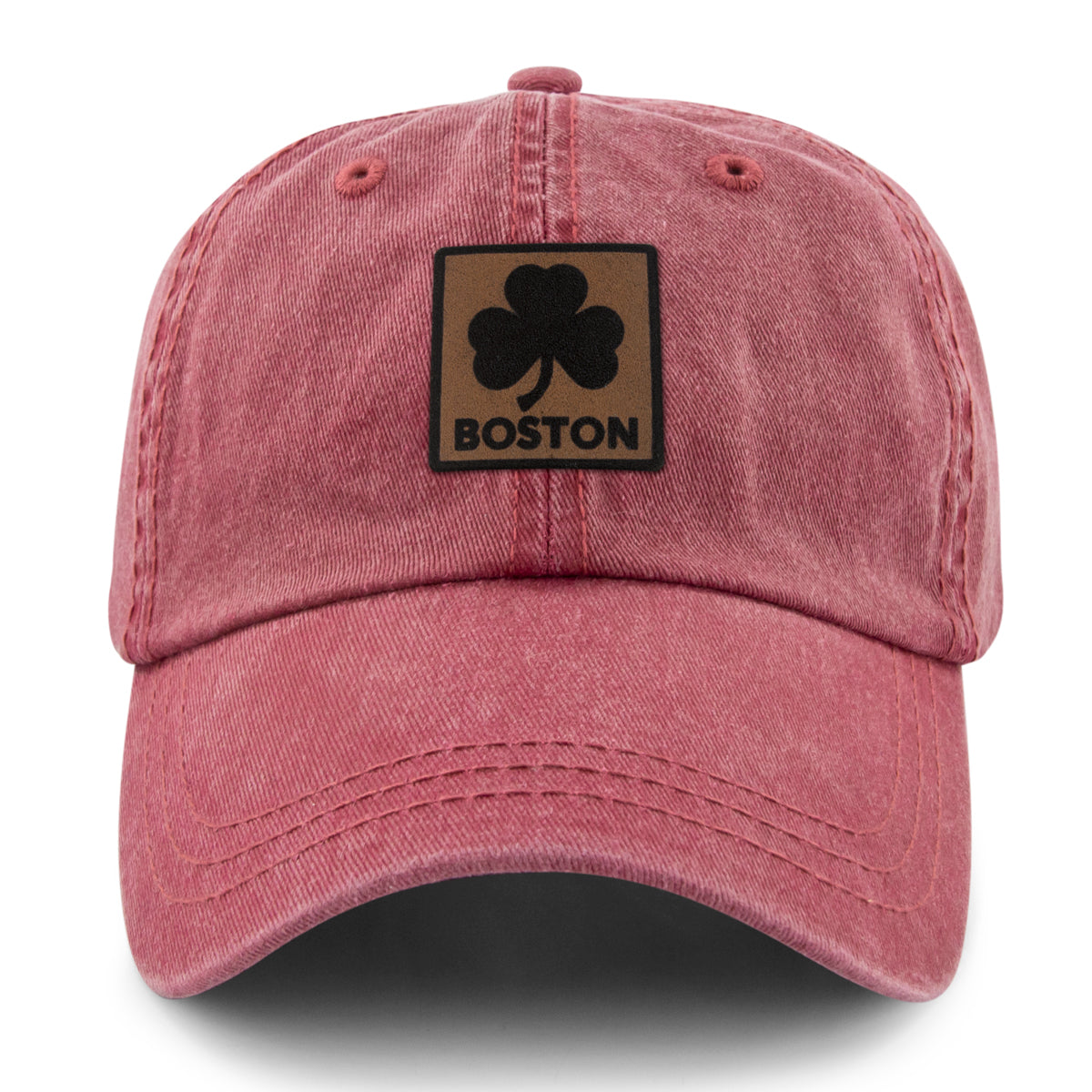 Boston Shamrock Leather Patch Washed Dad Hat - Chowdaheadz