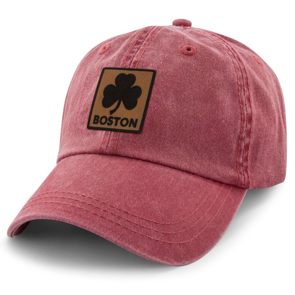 Boston Shamrock Leather Patch Washed Dad Hat - Chowdaheadz