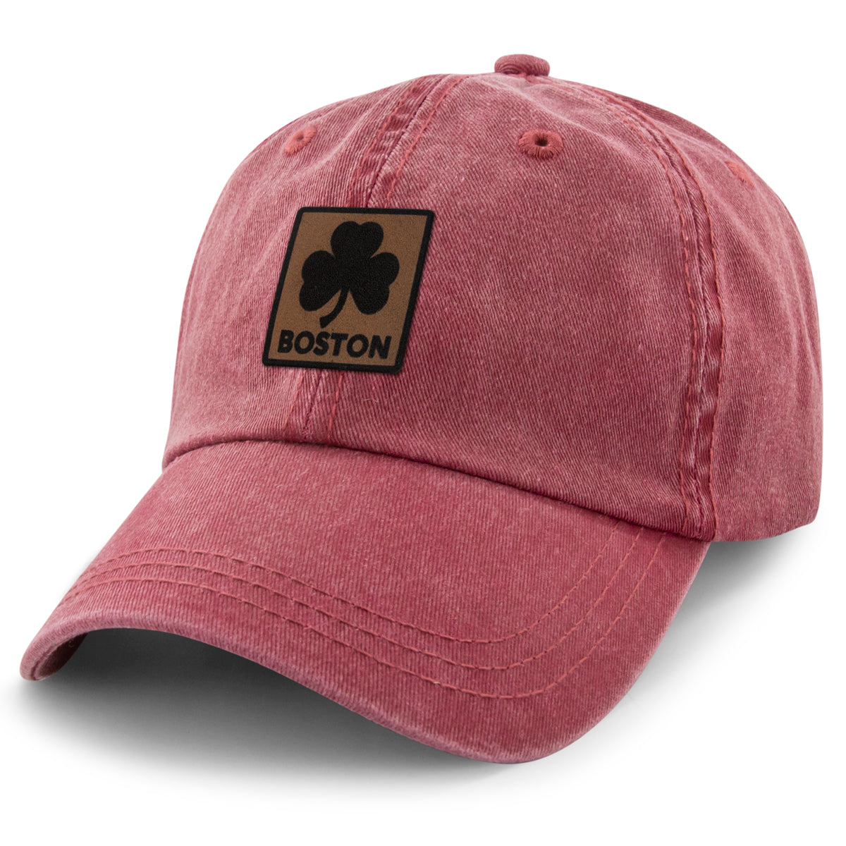 Boston Shamrock Leather Patch Washed Dad Hat - Chowdaheadz