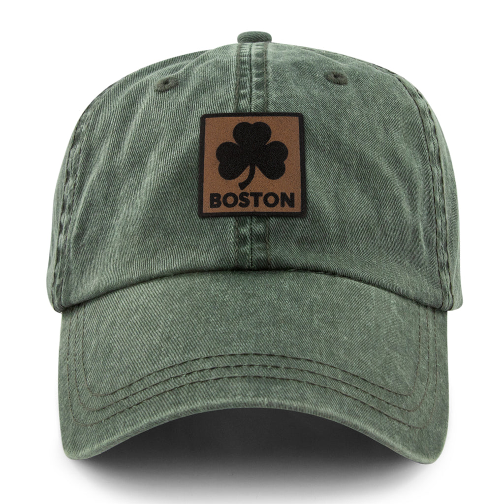 Boston Shamrock Leather Patch Washed Dad Hat - Chowdaheadz