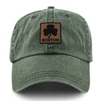 Boston Shamrock Leather Patch Washed Dad Hat - Chowdaheadz