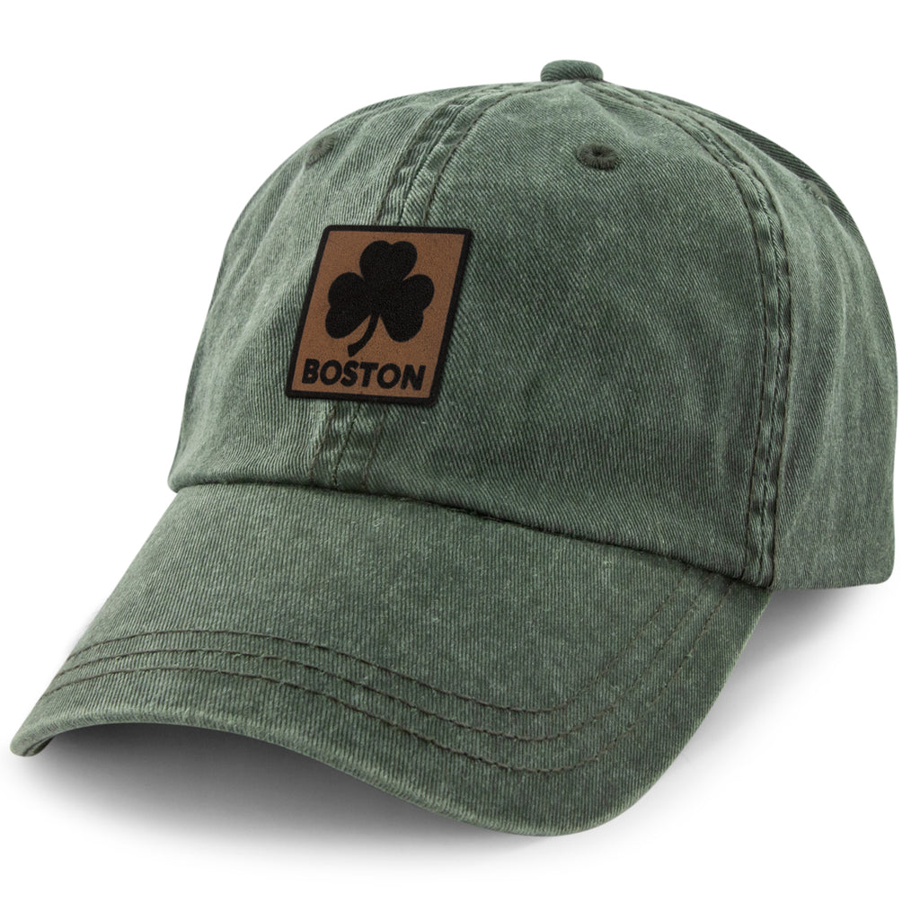 Boston Shamrock Leather Patch Washed Dad Hat - Chowdaheadz
