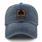 Boston Shamrock Leather Patch Washed Dad Hat - Chowdaheadz
