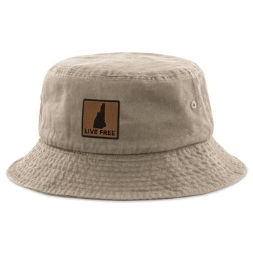 Live Free New Hampshire Leather Patch Bucket Hat - Chowdaheadz