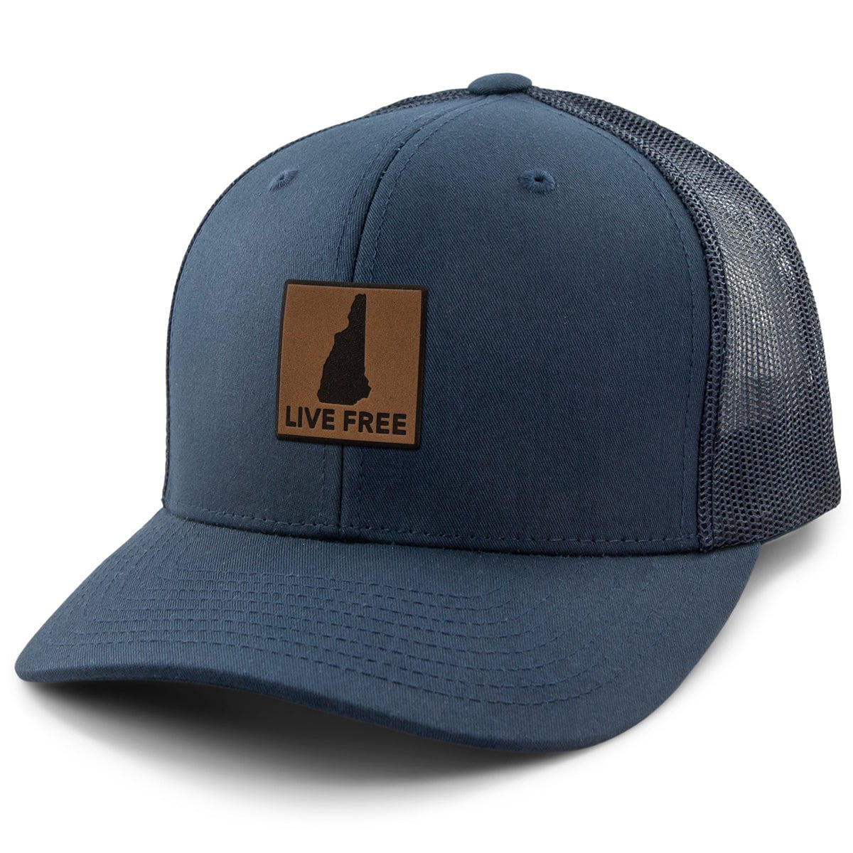 Live Free New Hampshire Leather Patch Classic Snapback Trucker - Chowdaheadz