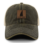 Live Free New Hampshire Leather Patch Dirty Water Trucker - Chowdaheadz