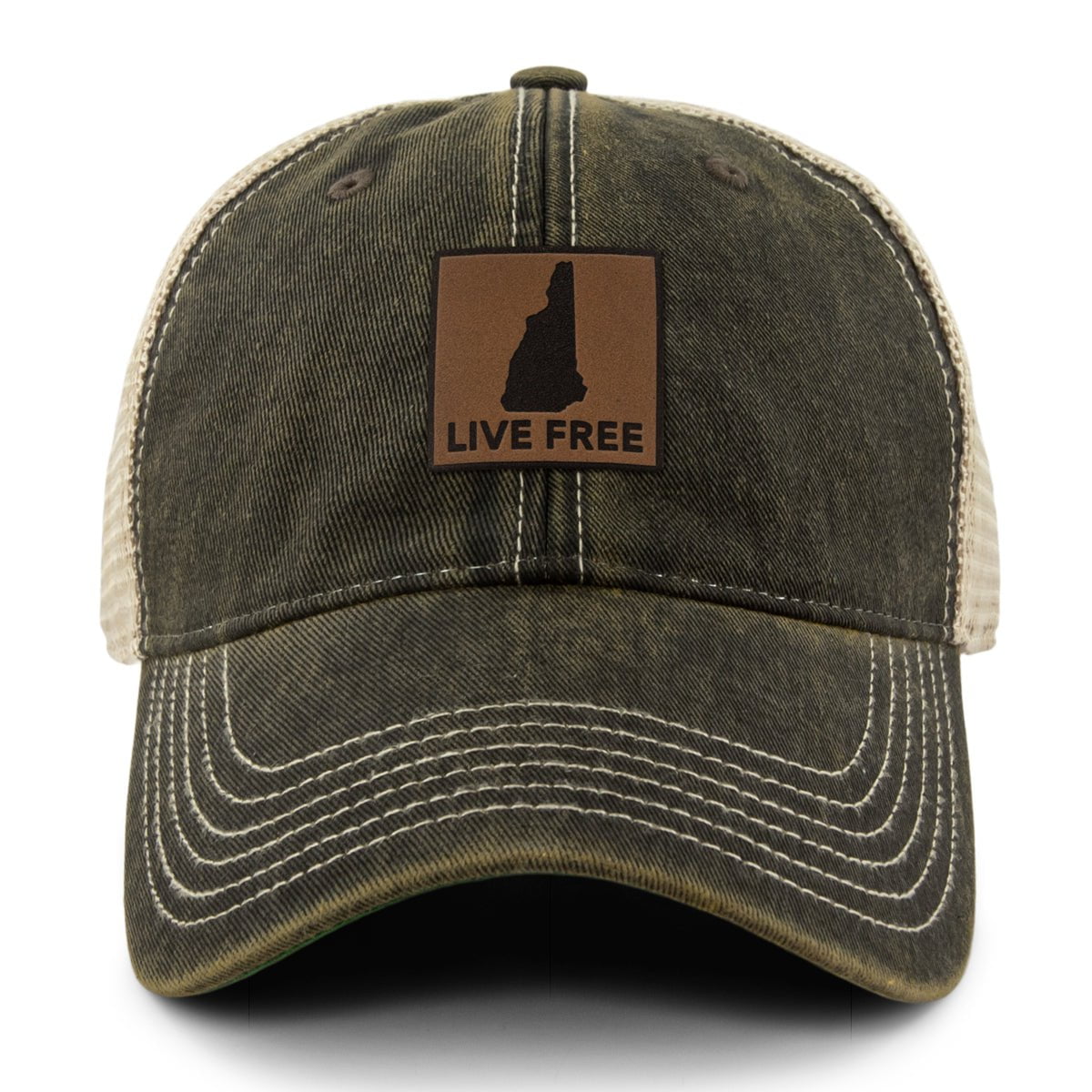 Live Free New Hampshire Leather Patch Dirty Water Trucker - Chowdaheadz