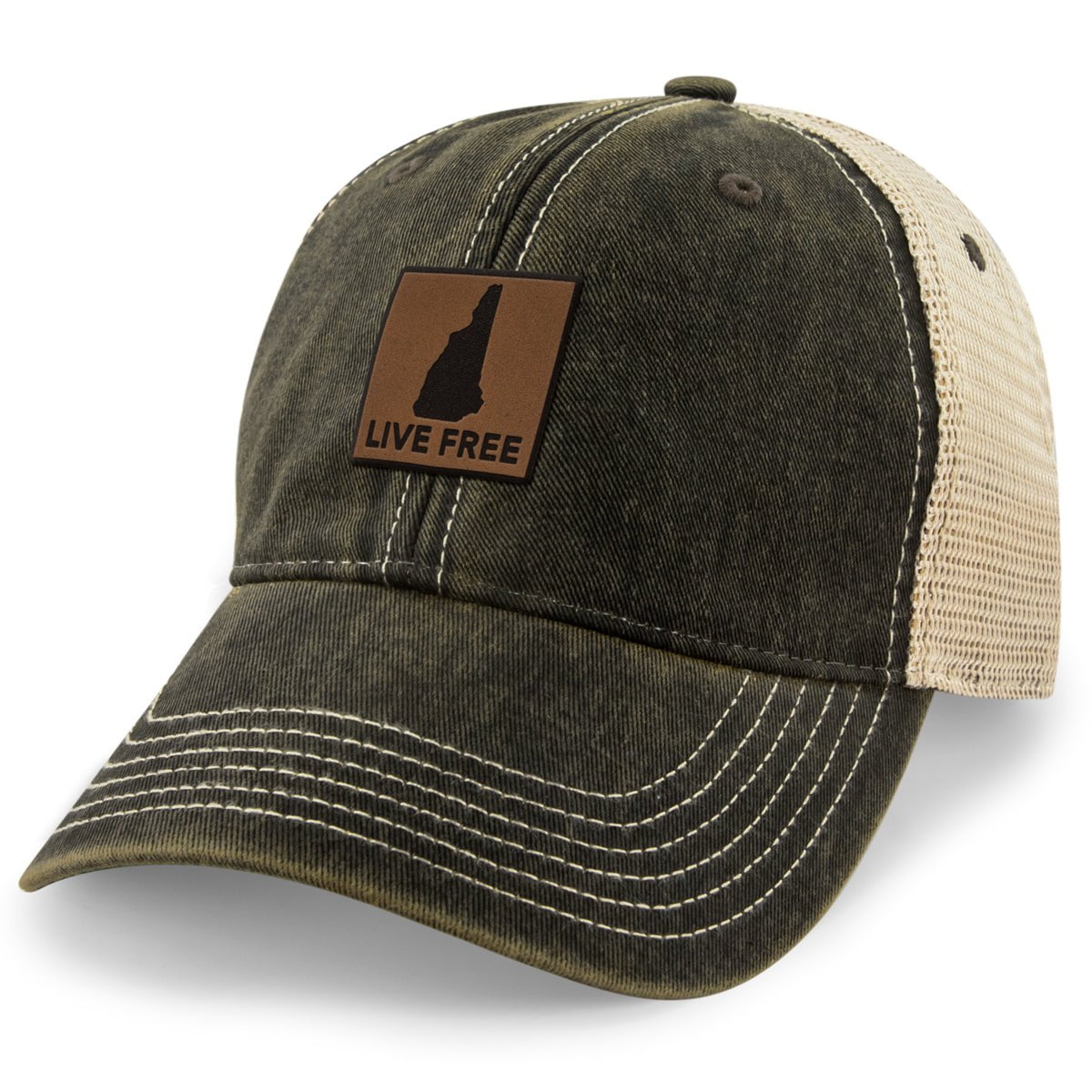 Live Free New Hampshire Leather Patch Dirty Water Trucker - Chowdaheadz
