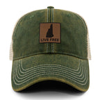 Live Free New Hampshire Leather Patch Dirty Water Trucker - Chowdaheadz