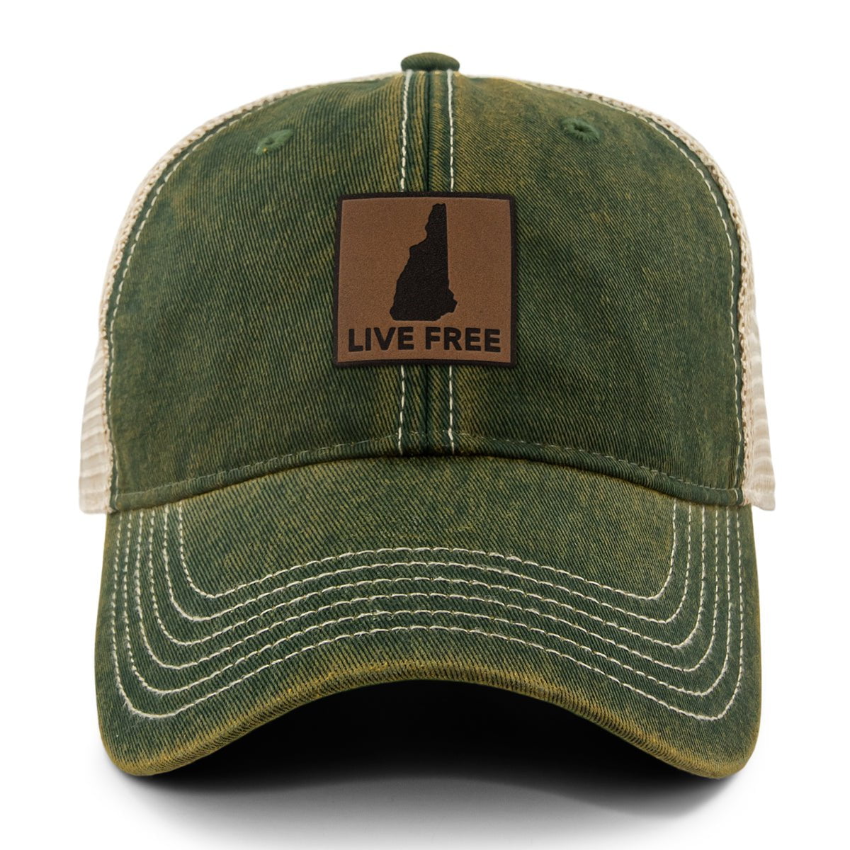 Live Free New Hampshire Leather Patch Dirty Water Trucker - Chowdaheadz