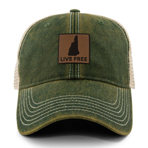 Live Free New Hampshire Leather Patch Dirty Water Trucker - Chowdaheadz