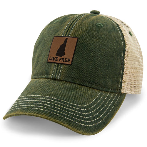 Live Free New Hampshire Leather Patch Dirty Water Trucker - Chowdaheadz