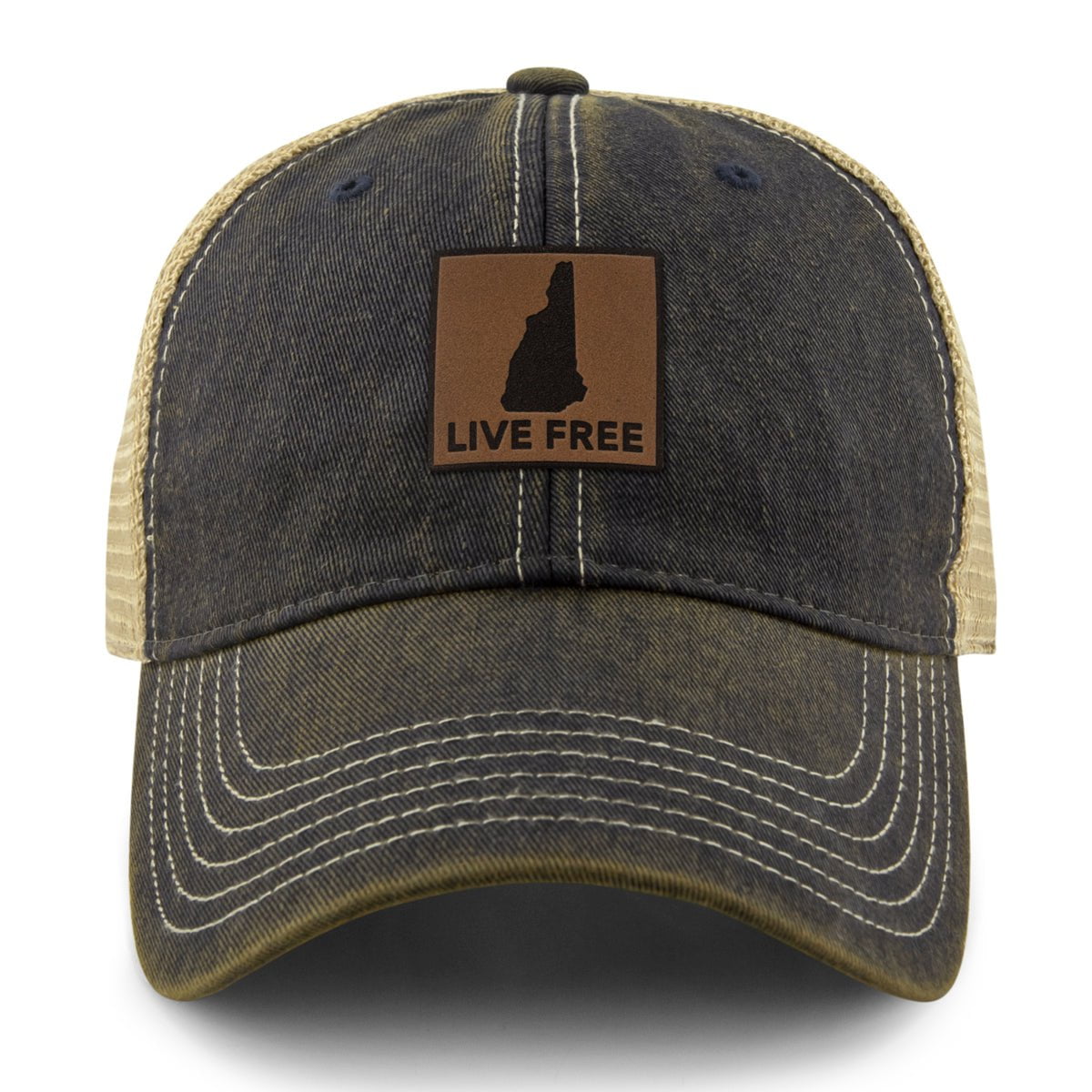 Live Free New Hampshire Leather Patch Dirty Water Trucker - Chowdaheadz
