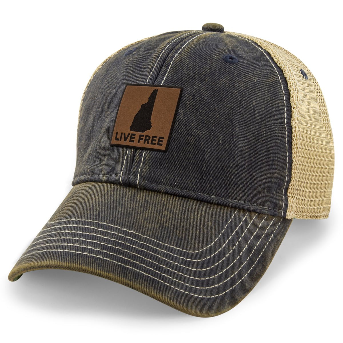 Live Free New Hampshire Leather Patch Dirty Water Trucker - Chowdaheadz