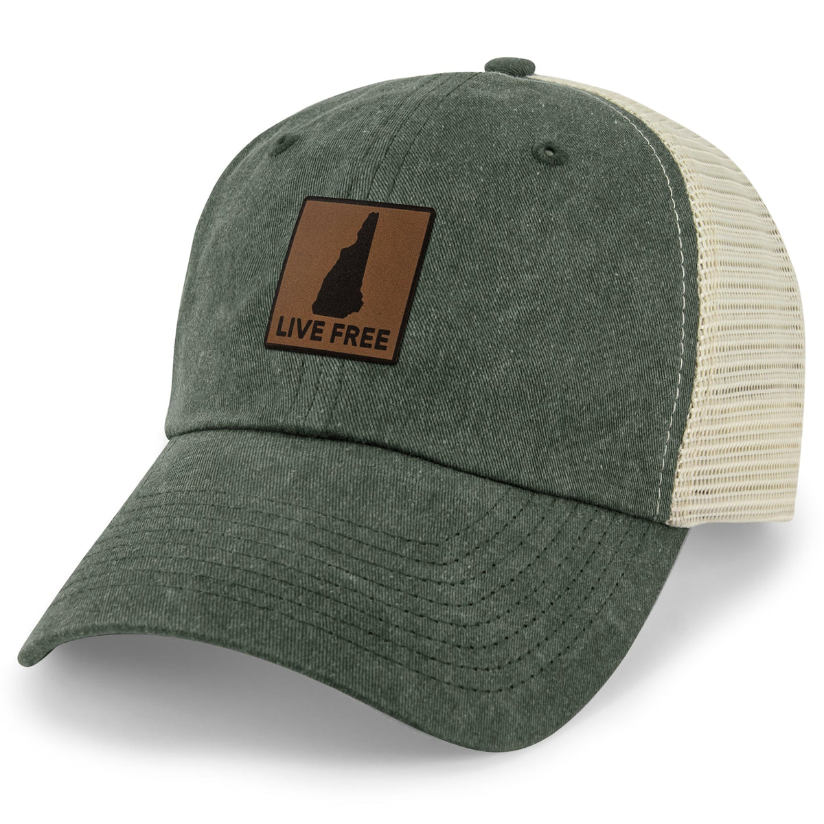 Live Free New Hampshire Leather Patch Relaxed Trucker - Chowdaheadz